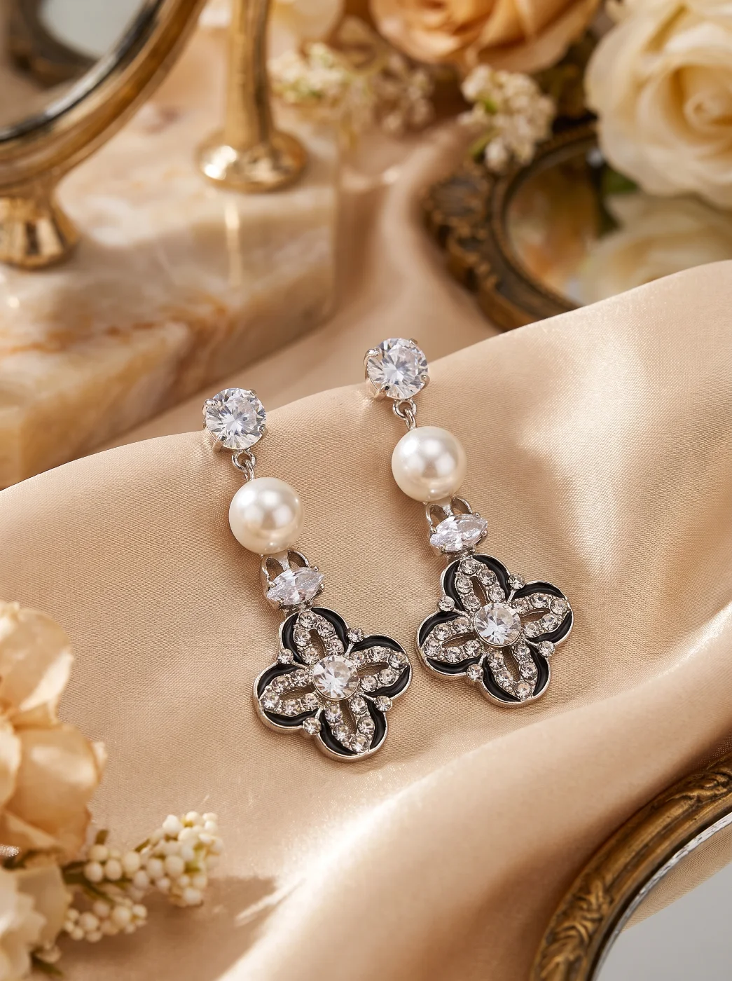 Elegant Silver-Tone Dangle Earrings with Faux Pearls & Clover Design