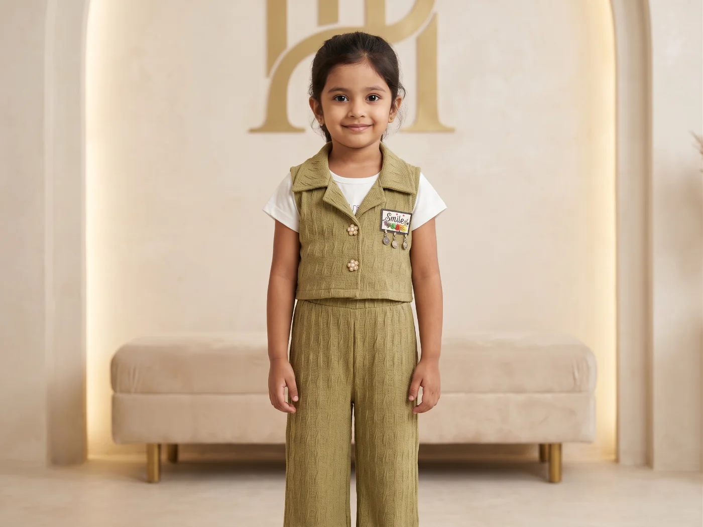 Girls Olive Green Textured Vest and Wide Leg Pants Co-ord Set with White T-shirt