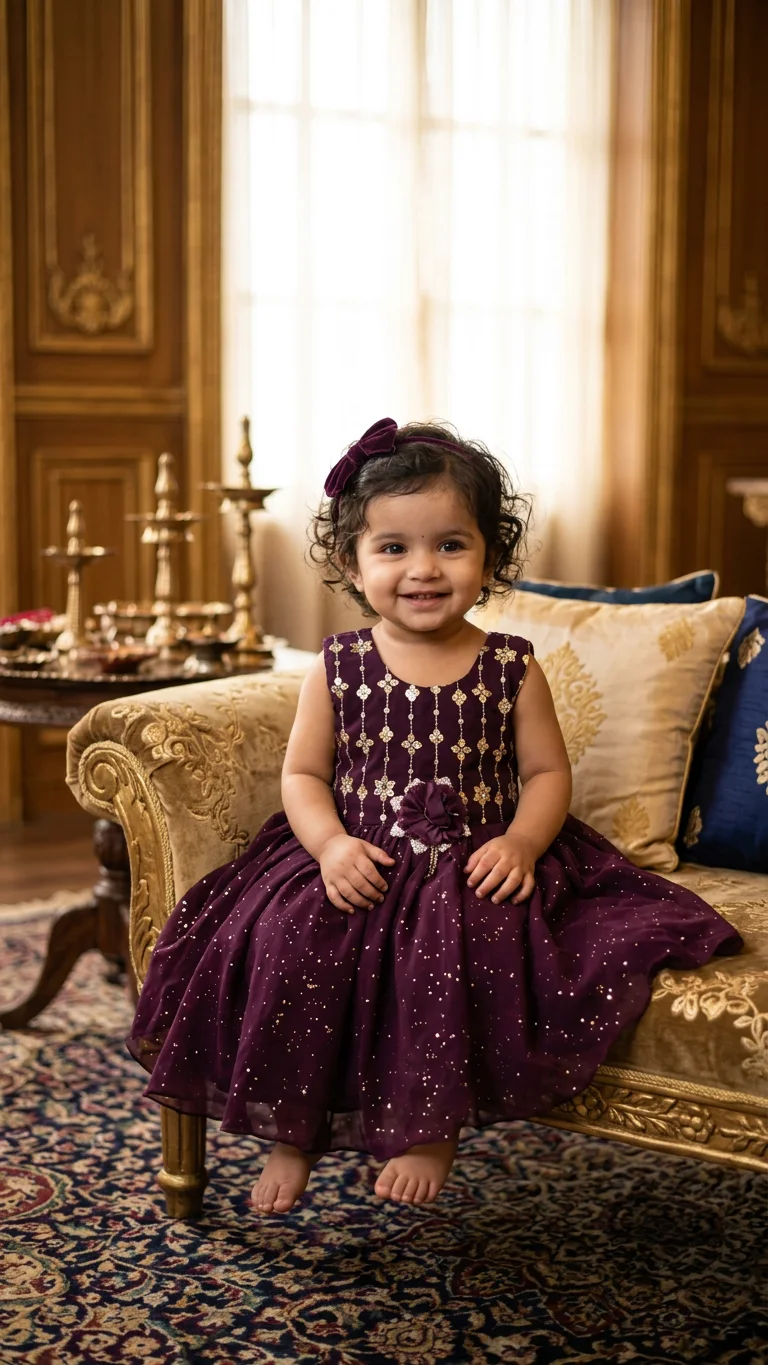 Baby Girl's Purple Embroidered Party Frock Dress with Glitter Skirt