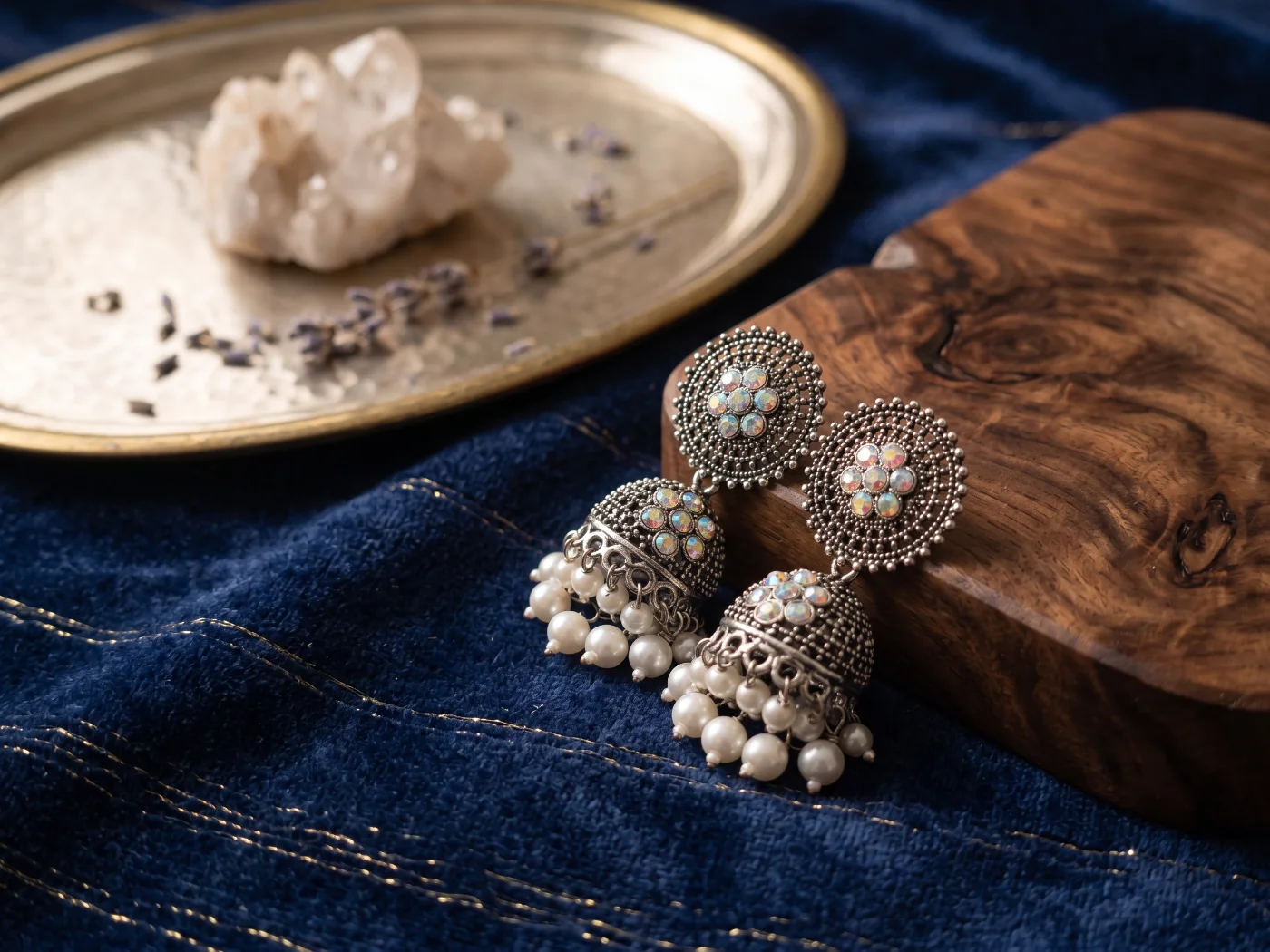 Oxidized Silver Jhumka Earrings with Pearls and Multicolor Stones for Women