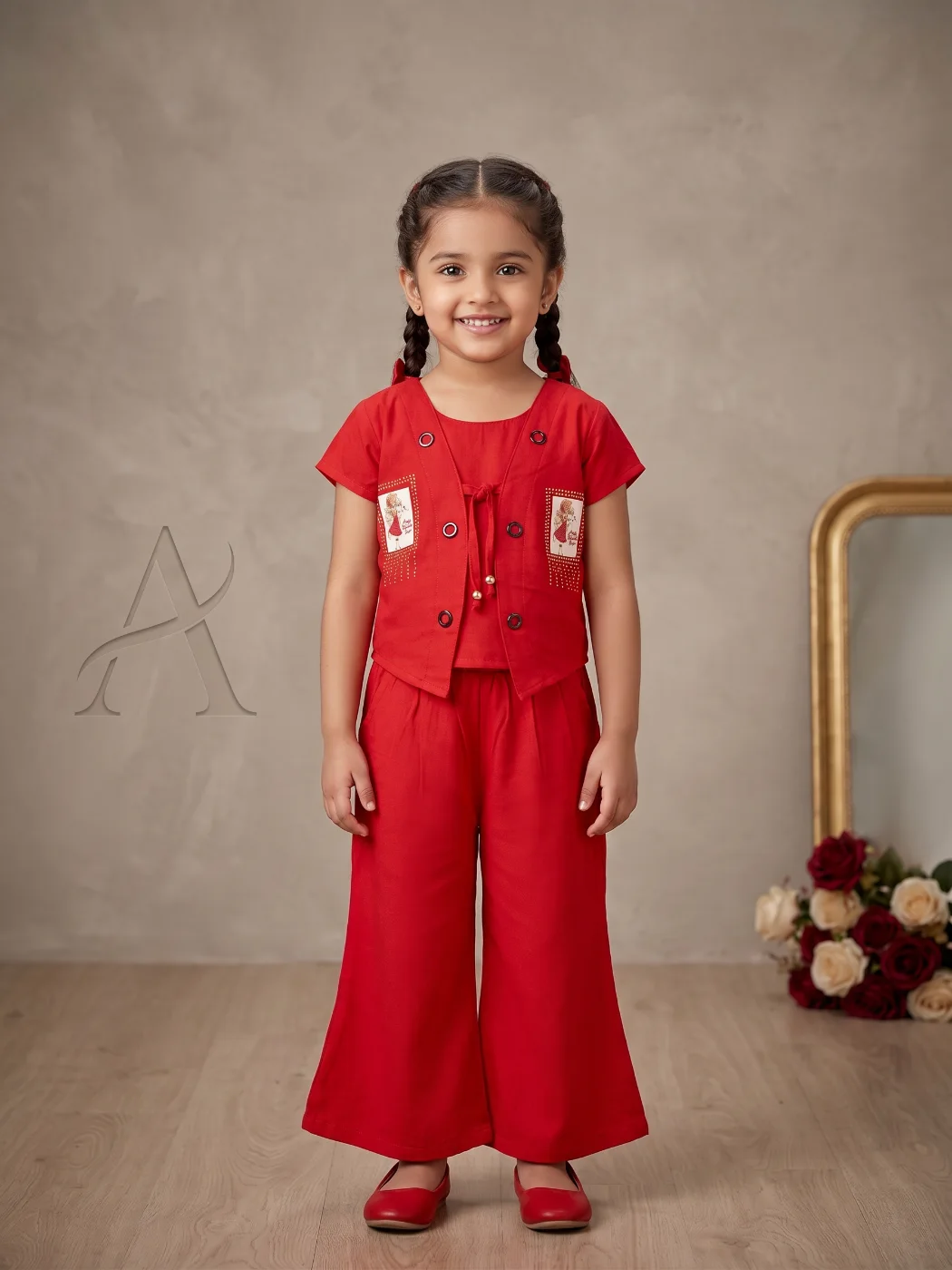 Girls Red Cotton Blend Top and Palazzo Set with Embroidered Vest