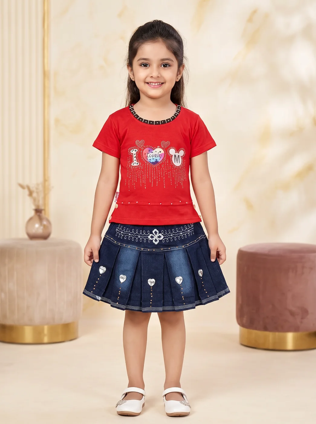 Girls Red Graphic Print T-Shirt & Blue Denim Skirt Set