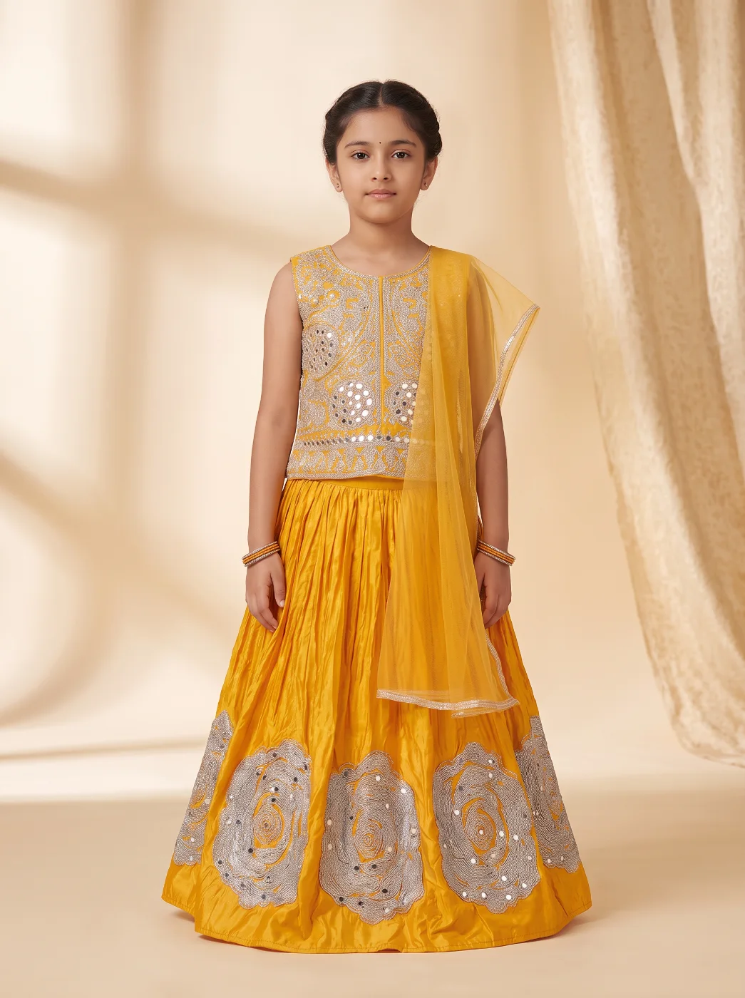 Girls Yellow Embroidered Lehenga Choli with Mirror Work and Dupatta