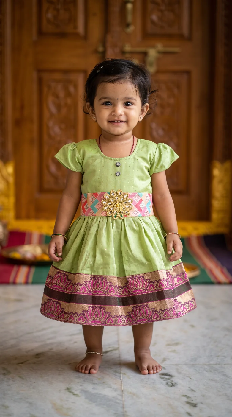 Baby Girls Light Green Ethnic Frock Dress with Lotus Border and Embellished Waistband