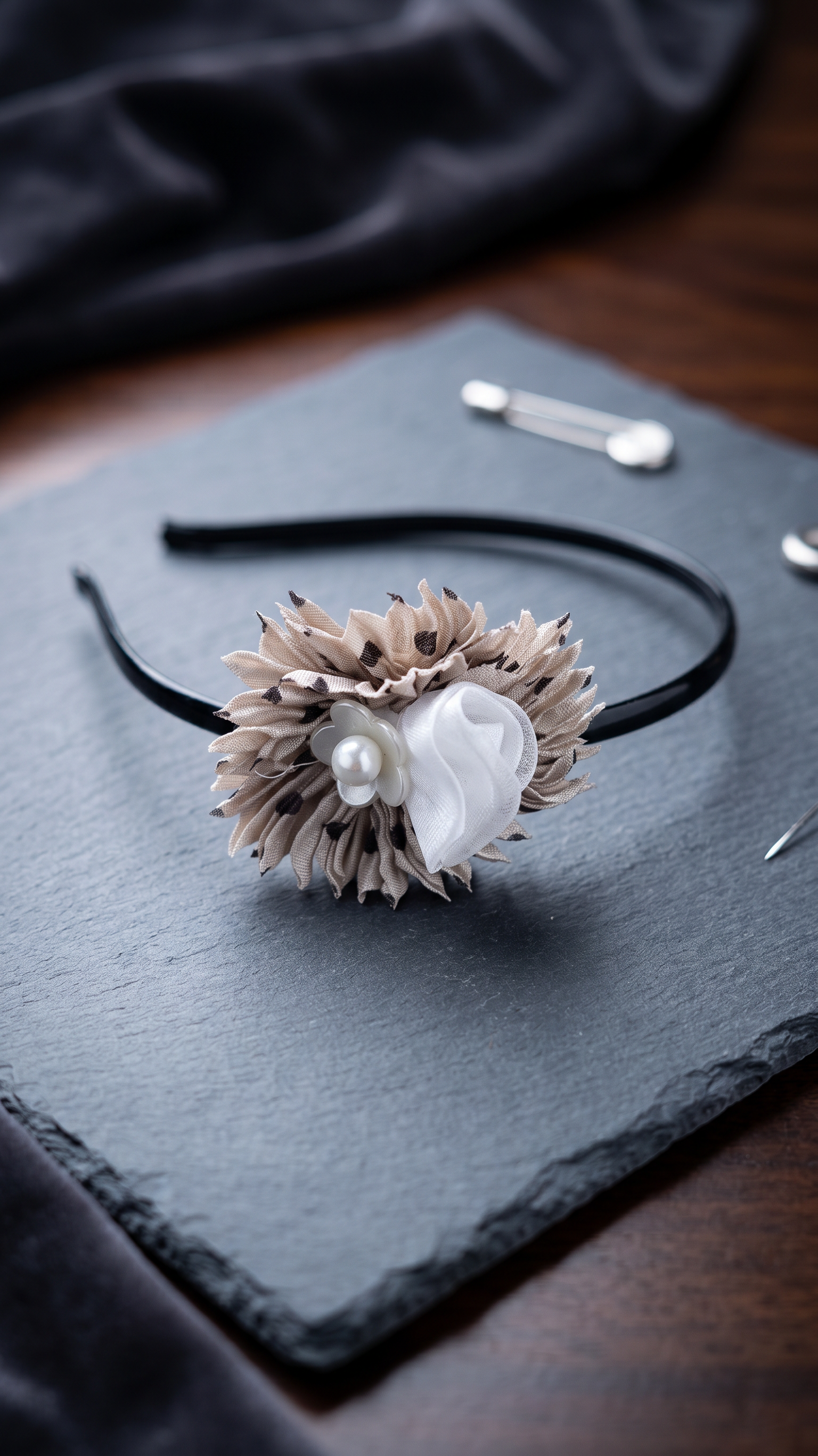 Black Headband with Grey Polka Dot Fabric Flower and Pearl