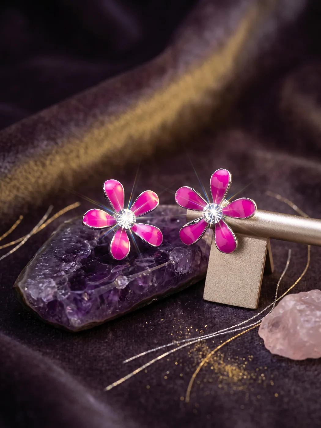 Elegant Pink Flower Stud Earrings with Sparkling Crystal Center