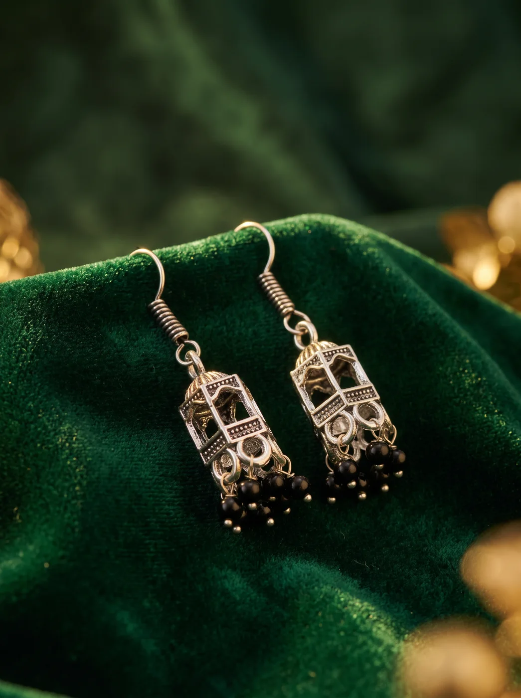 Oxidized Silver Jhumka Earrings with Black Beads for Women