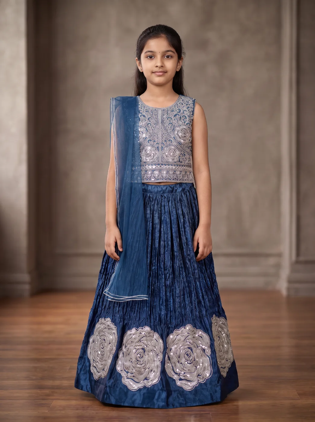 Girls Navy Blue Embroidered & Sequin Lehenga Choli with Dupatta