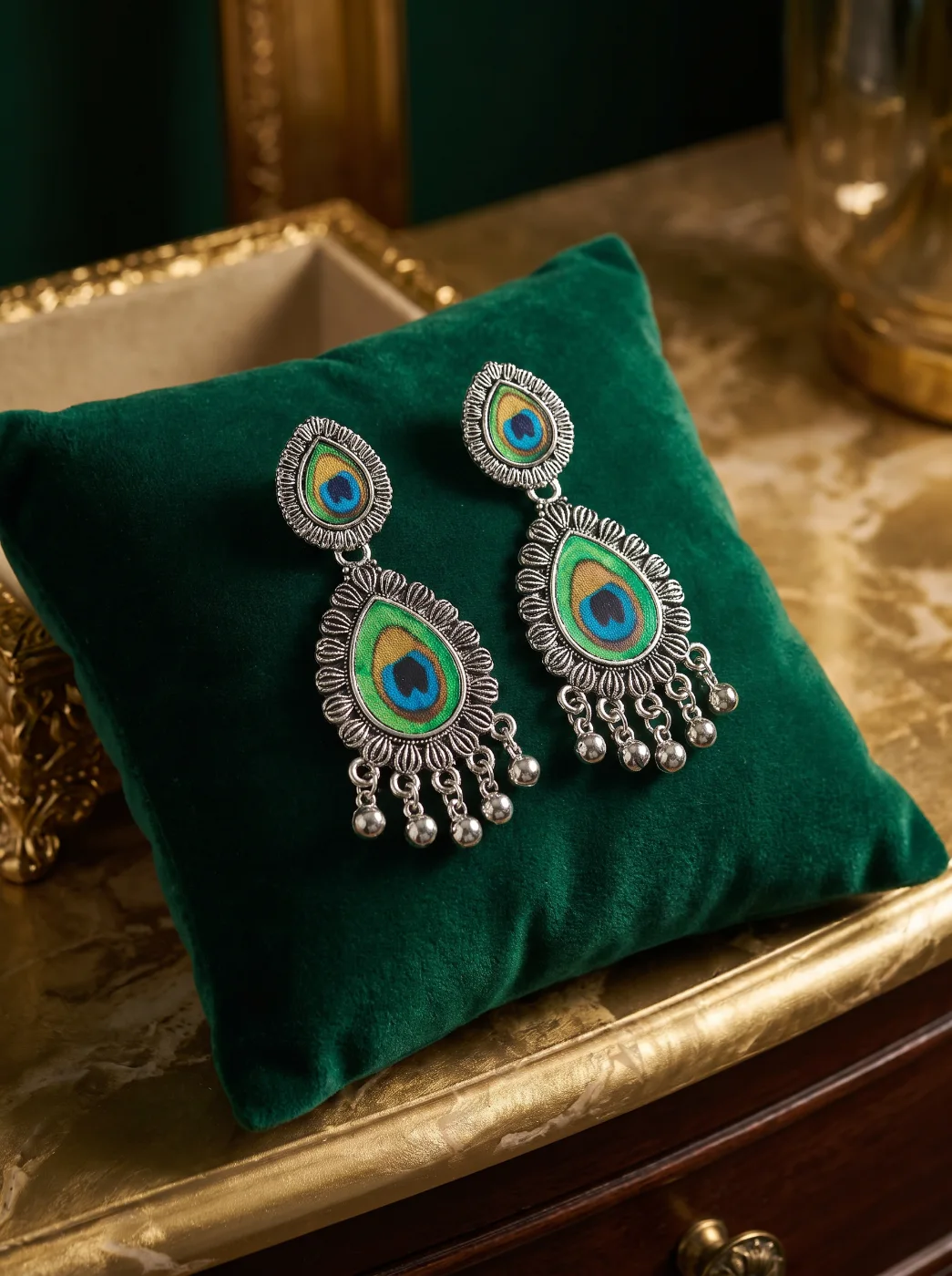 Oxidized Silver Peacock Design Drop Earrings for Women