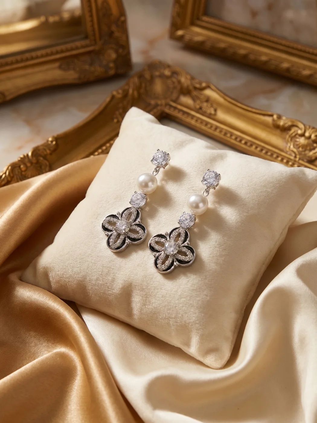Elegant Pearl & Cubic Zirconia Clover Drop Earrings for Women