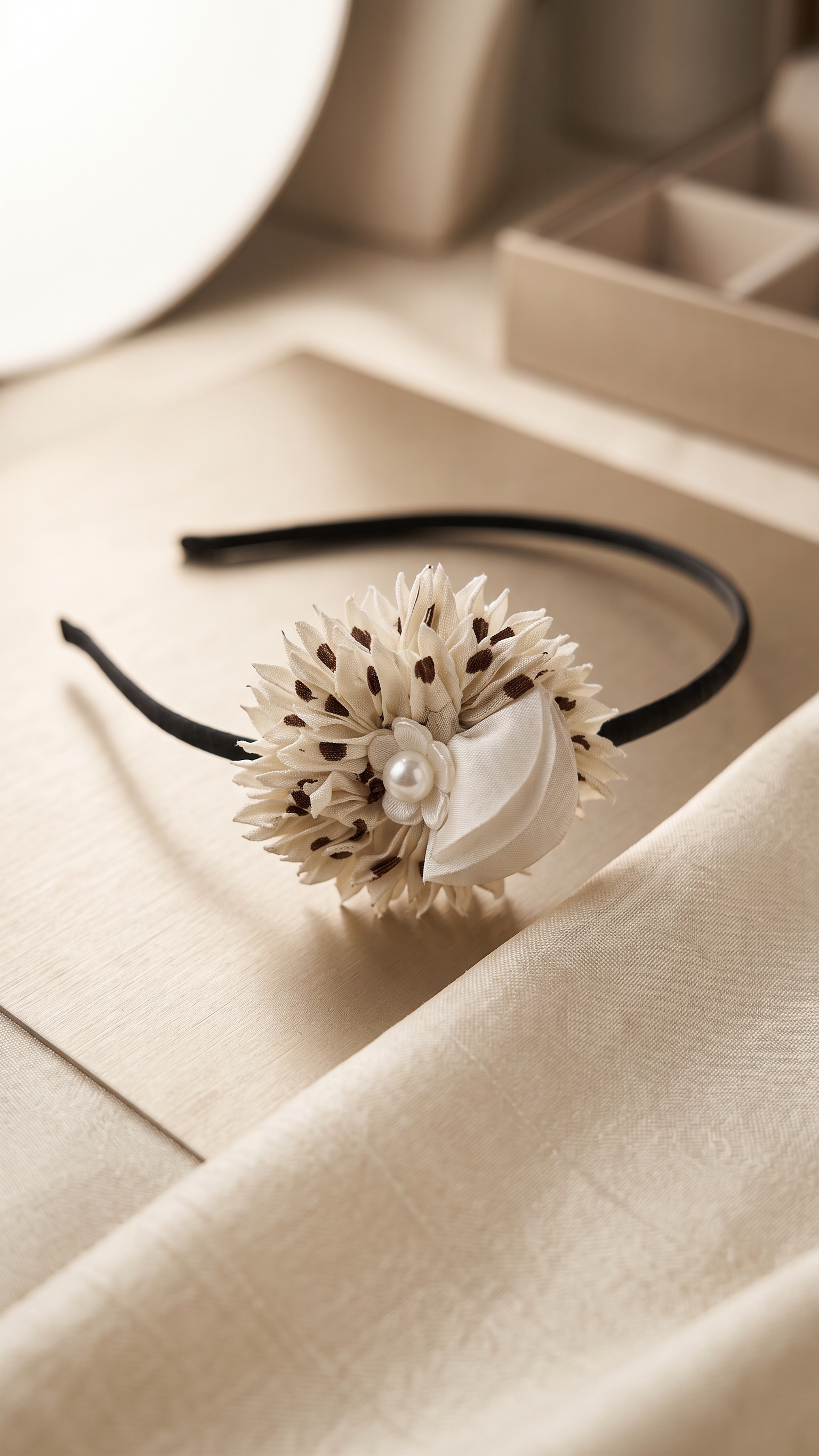 Black Headband with Cream Floral & Pearl Embellishment