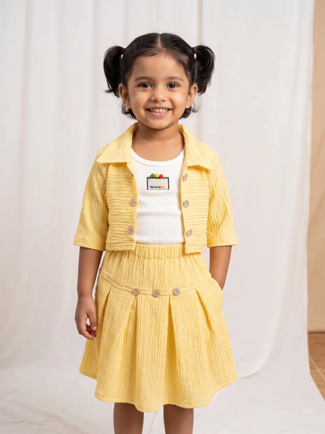 Kids Girls Yellow Textured Co-ord Set with White T-shirt