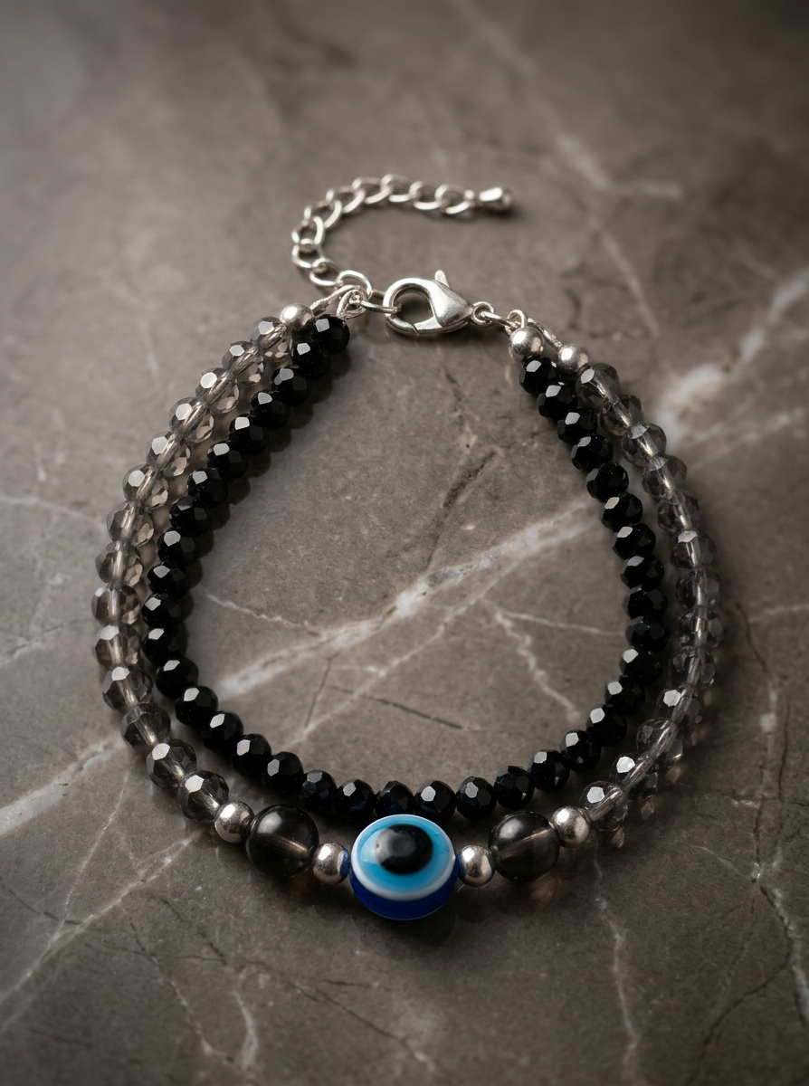 Black Beaded Double Strand Bracelet with Silver Accents