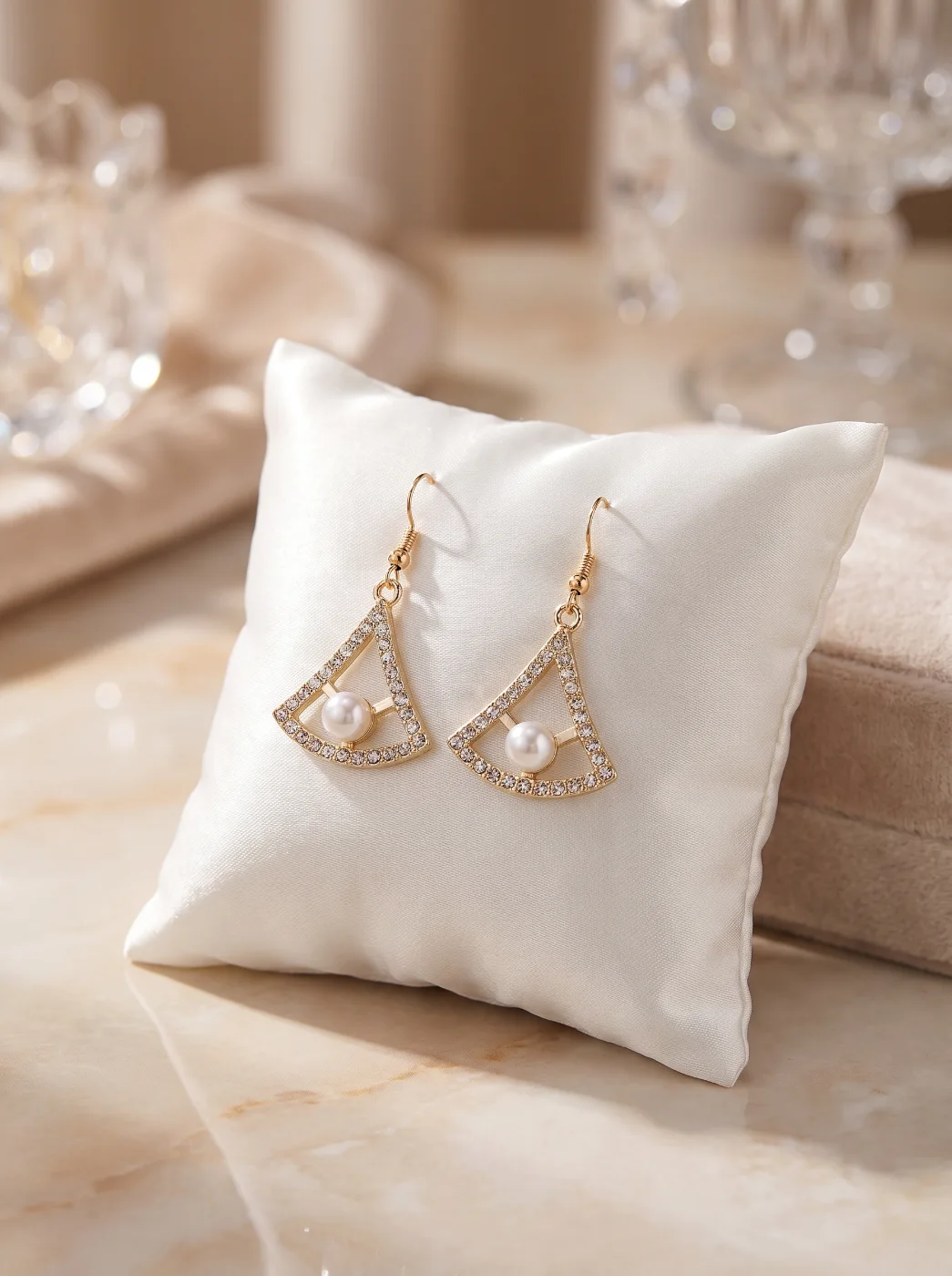 Gold Toned Fan Shaped Dangle Earrings with Pearl and Rhinestones