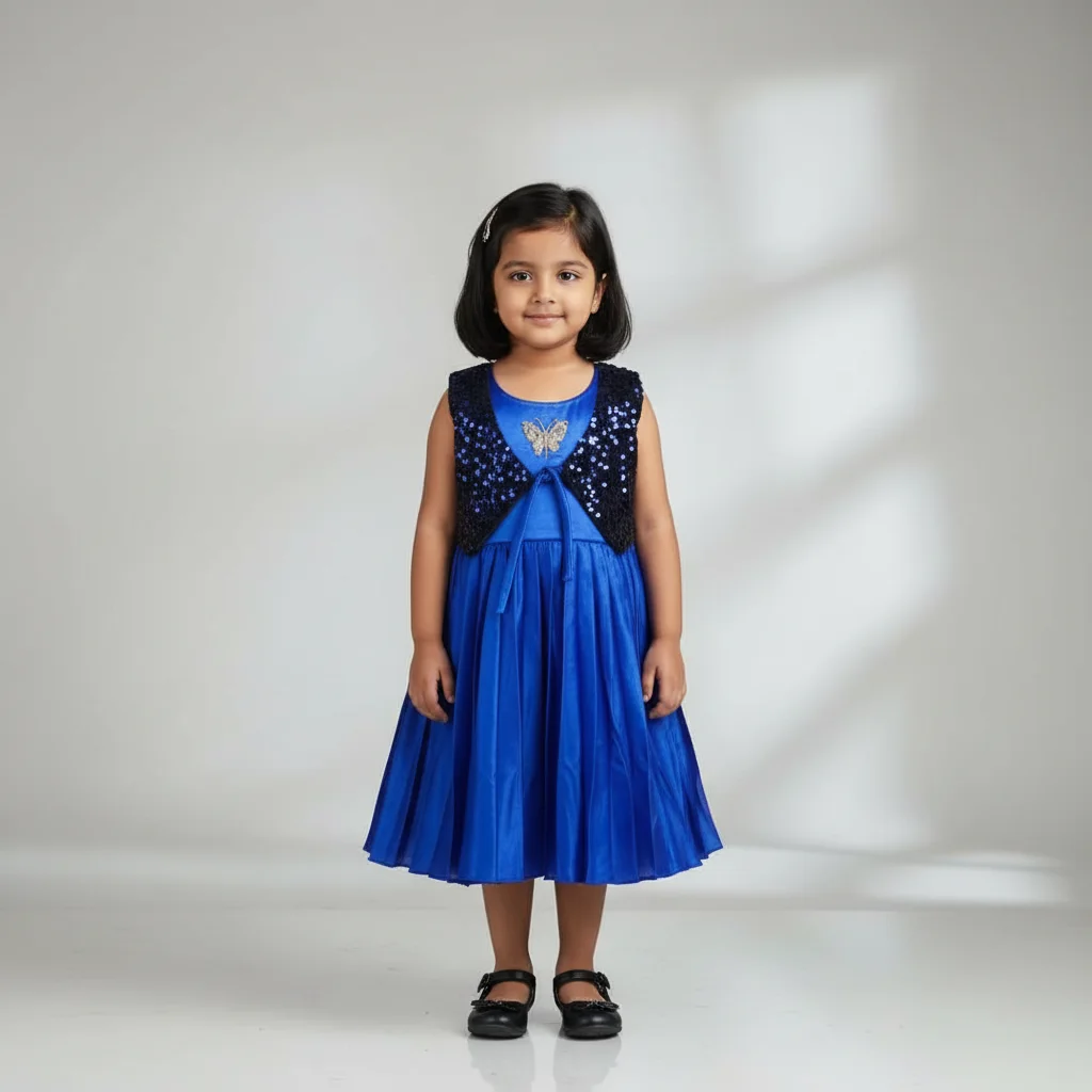 Girls Blue Party Dress with Sequin Jacket and Butterfly Embellishment