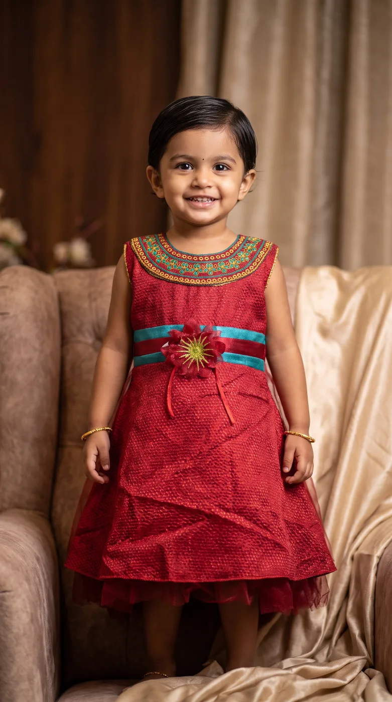 Baby Girl's Red Embroidered Ethnic Party Frock Dress
