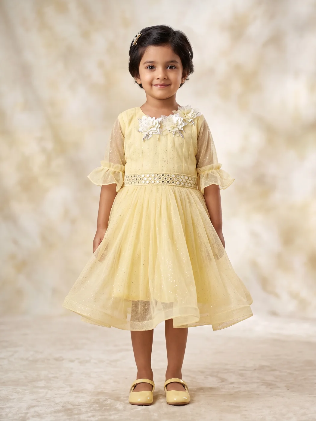 Girls Light Yellow Embellished Net Party Dress
