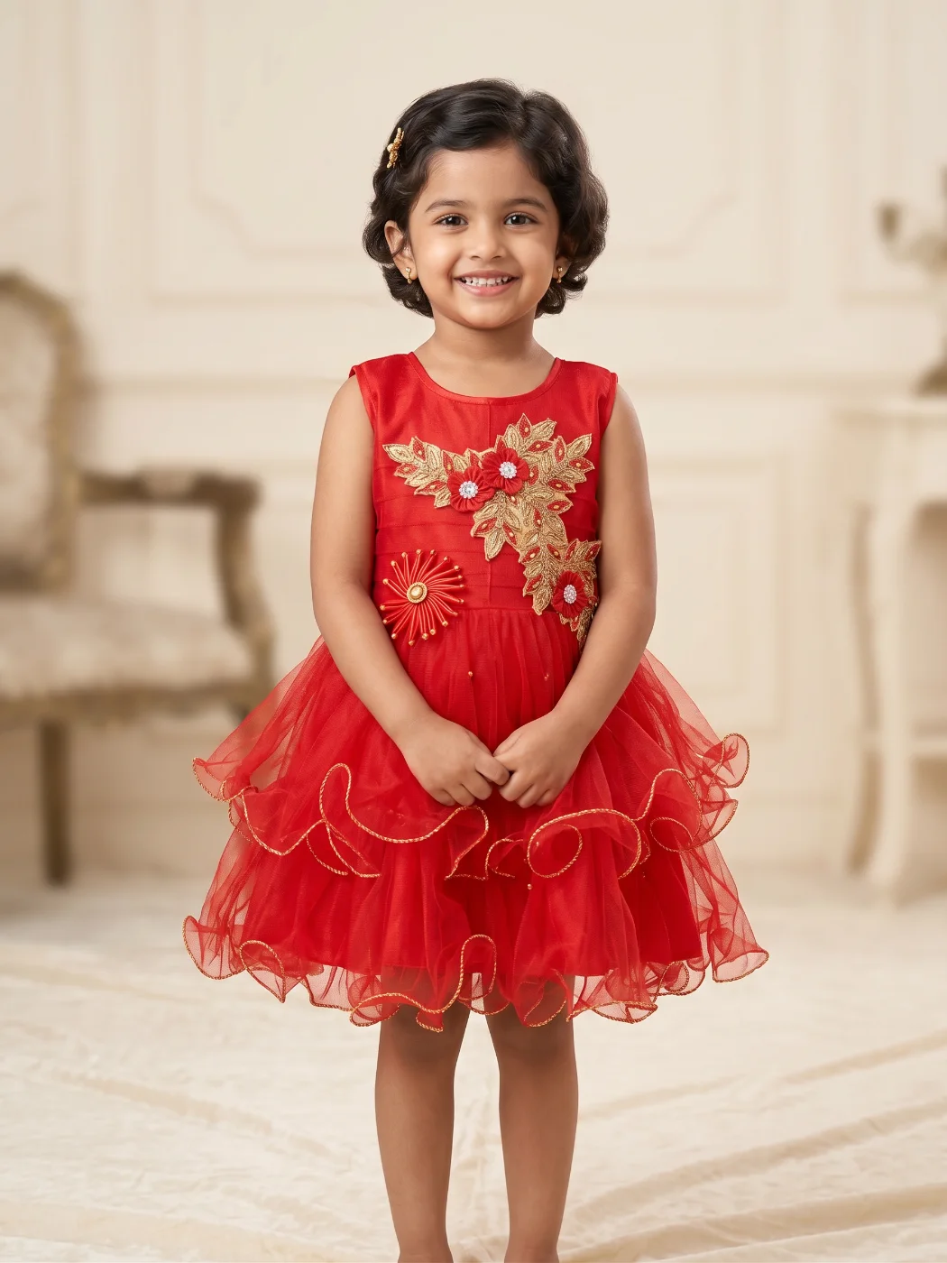 Girls Red Embroidered Net Layered Party Dress