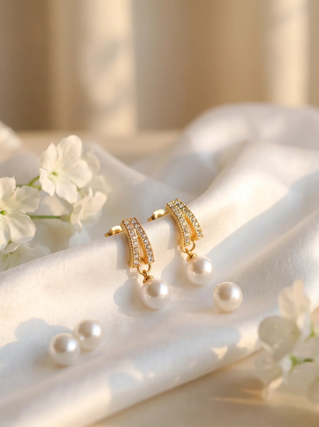 Elegant Gold-Toned Studded Pearl Drop Earrings for Women