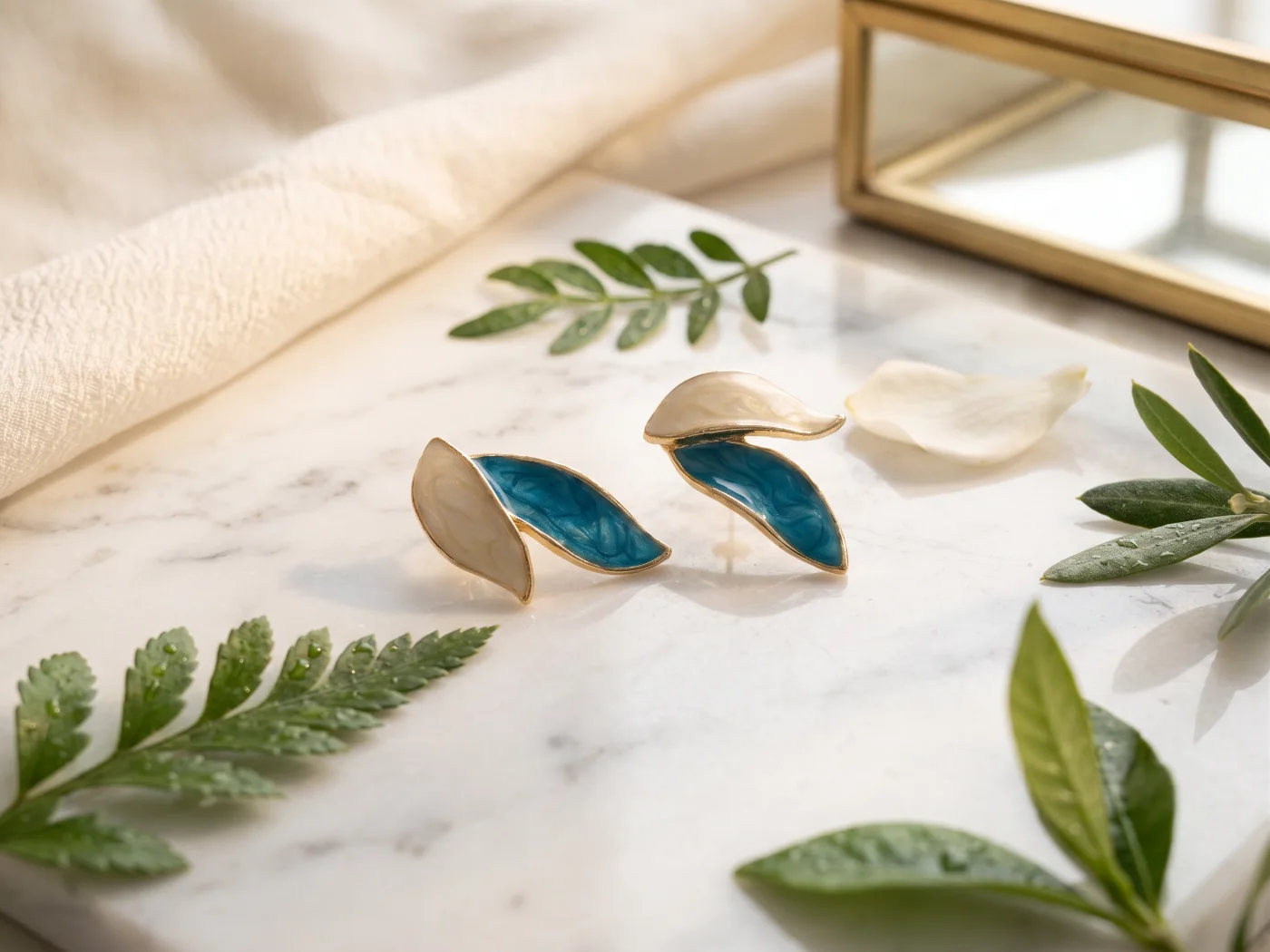 Elegant Teal & Cream Enamel Leaf Drop Earrings
