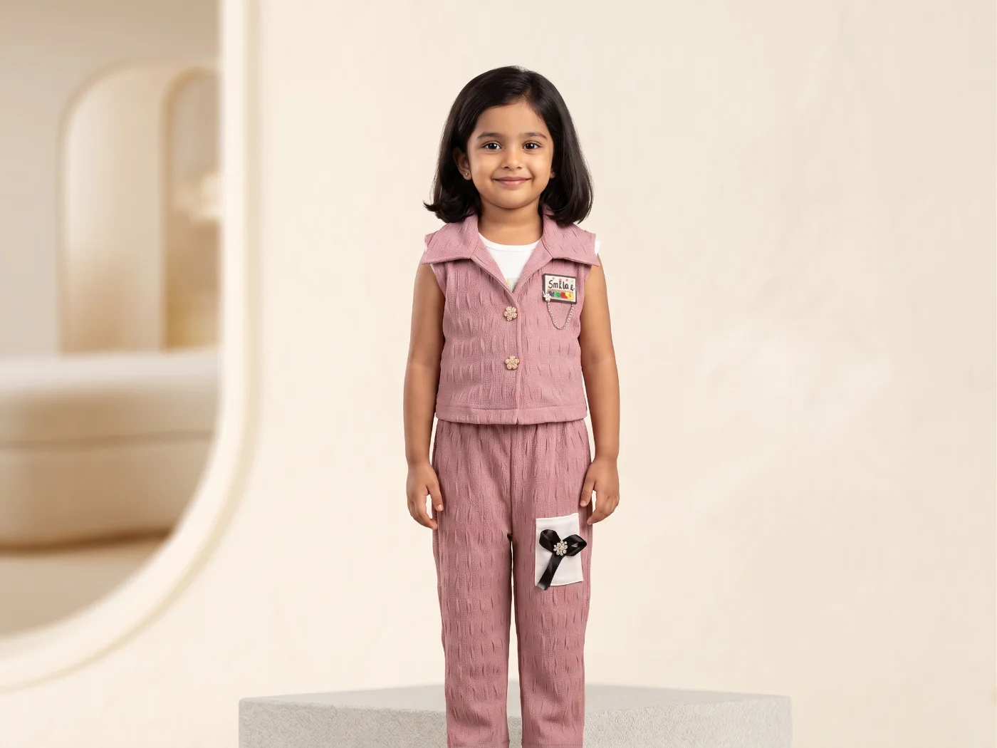 Smilae Girls Dusty Rose Textured Sleeveless Top and Pants Co-ord Set
