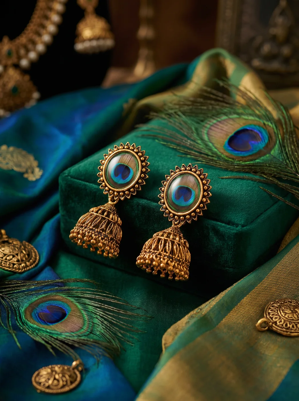 Antique Gold Plated Peacock Feather Jhumka Earrings for Women