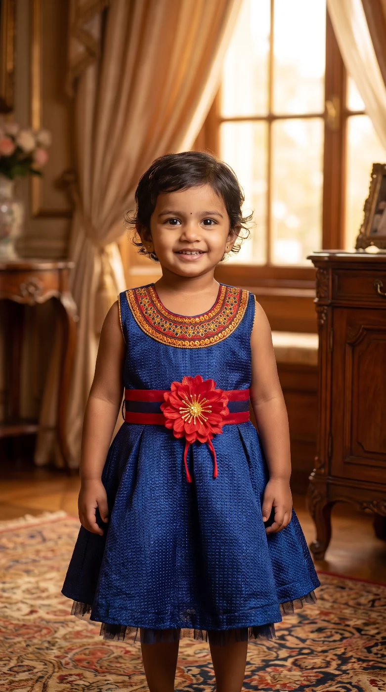 Toddler Girl's Blue Embroidered Festive Dress with Floral Embellishment
