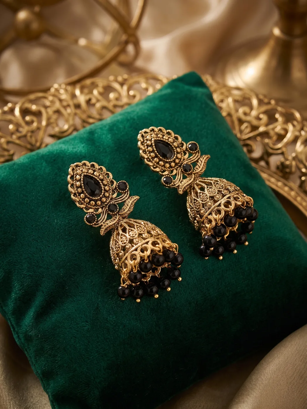 Traditional Gold Plated Black Stone Jhumka Earrings for Women