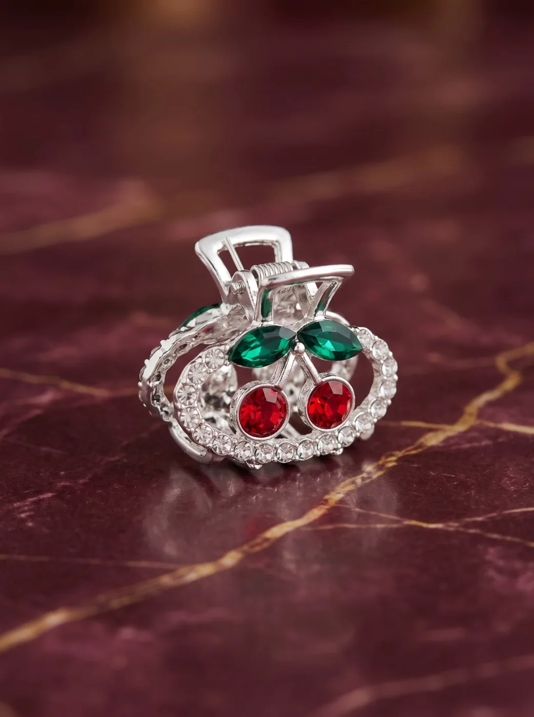 Silver Cherry Design Rhinestone Hair Claw Clip for Women & Girls