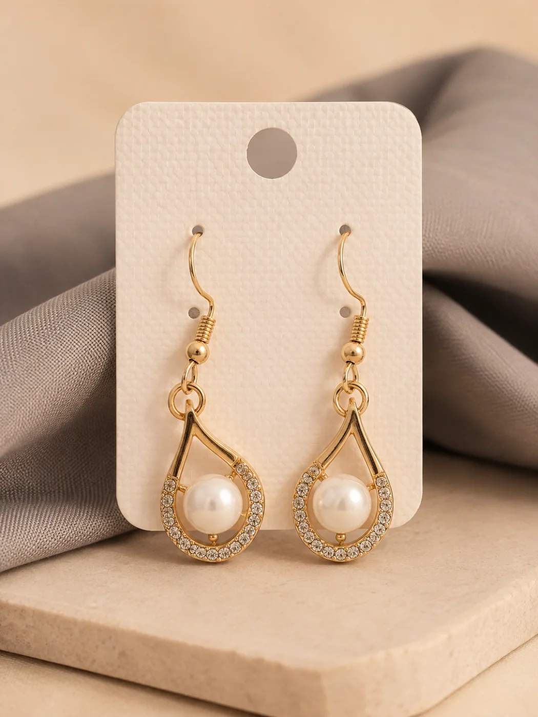 Gold Plated Teardrop Pearl & Rhinestone Dangle Earrings for Women