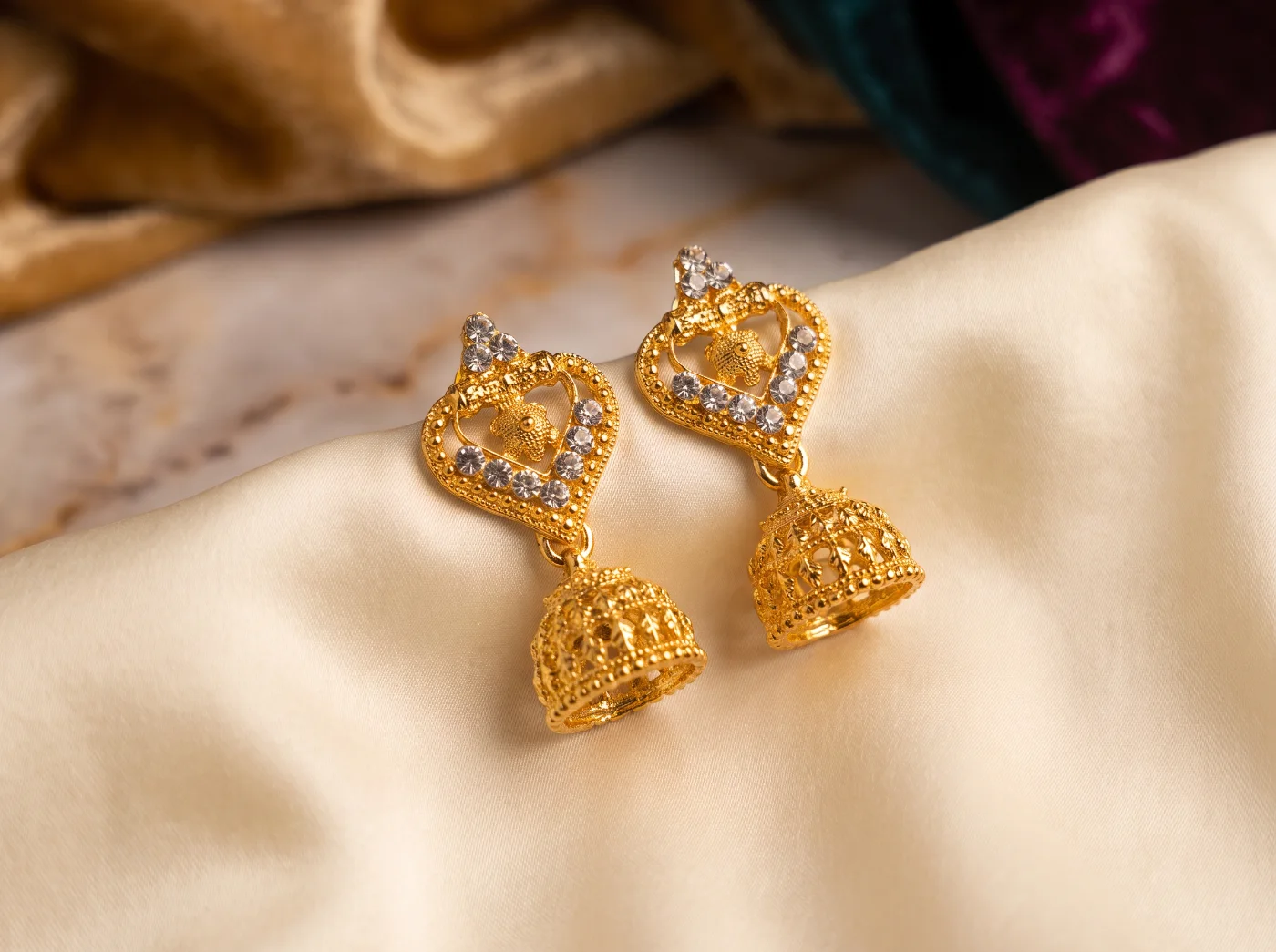Traditional Gold Plated Heart Jhumka Earrings with White Stones for Women