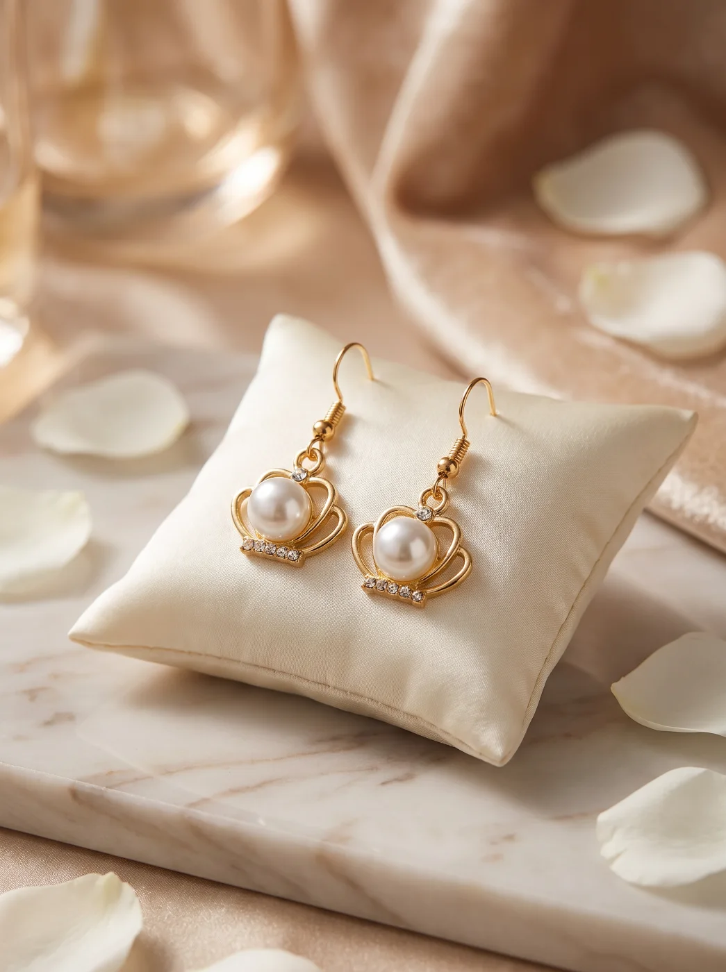 Gold Plated Crown Design Pearl & Rhinestone Dangle Earrings for Women