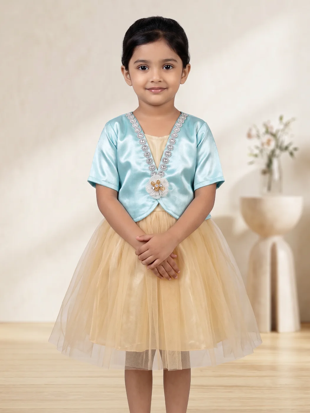 Girls Embellished Light Blue Satin Top & Beige Tulle Skirt Party Dress