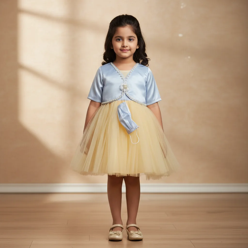 Girls' Light Blue & Yellow Tulle Party Dress with Pearl Embellishments
