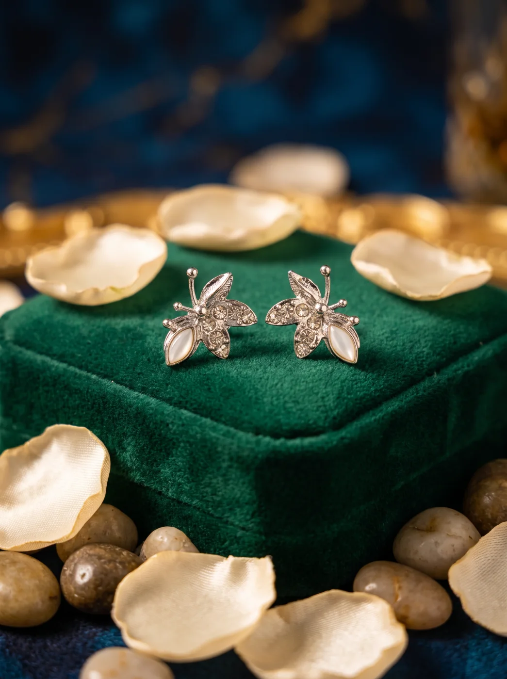 Silver Toned Butterfly Stud Earrings with Rhinestones & Mother of Pearl Accent