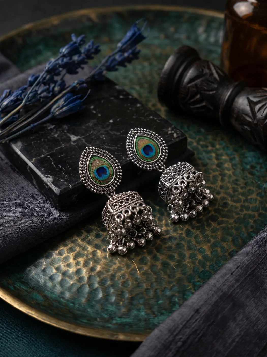 Oxidized Silver Peacock Feather Jhumka Earrings for Women