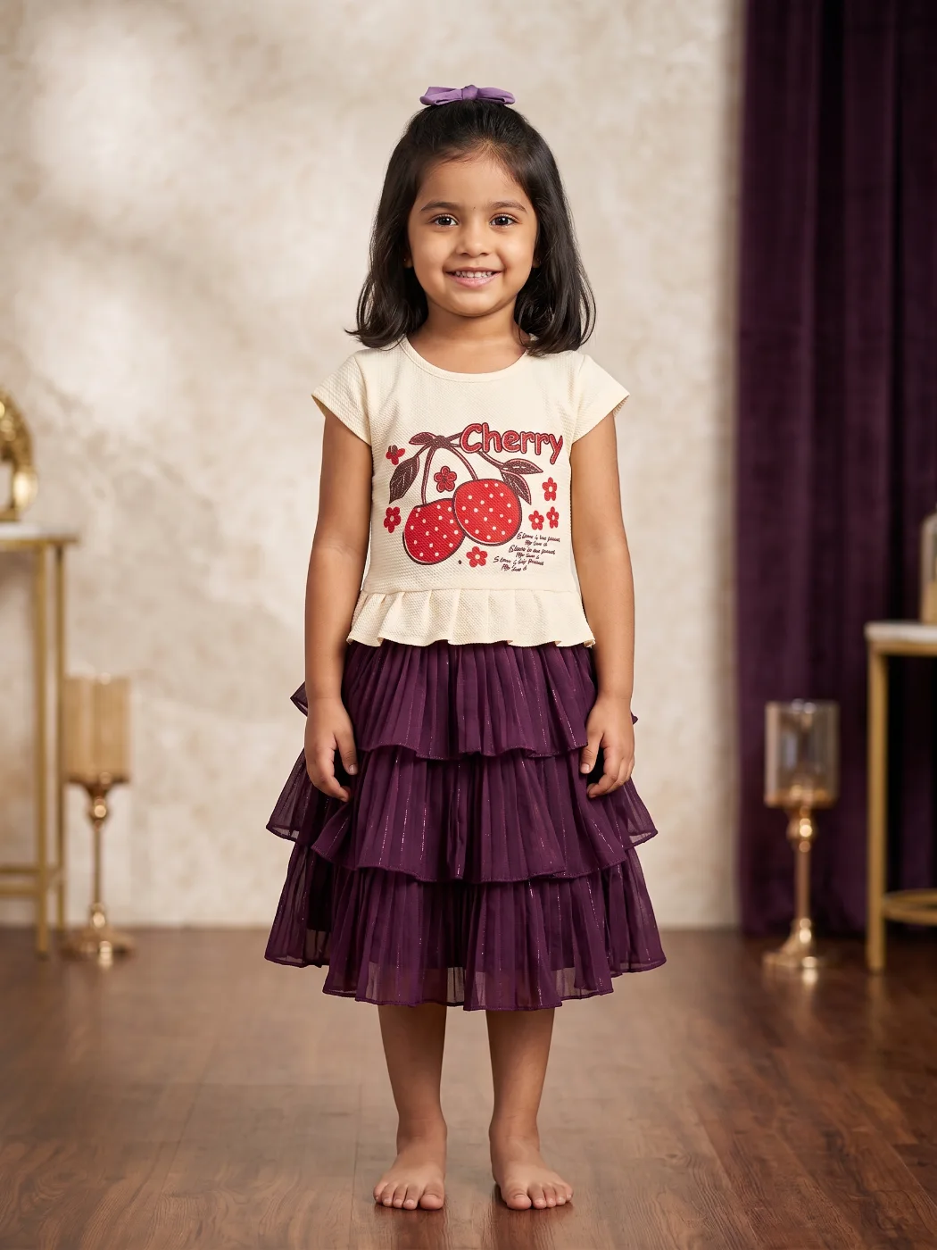 Girls Cream Cherry Print Top with Purple Tiered Skirt Dress