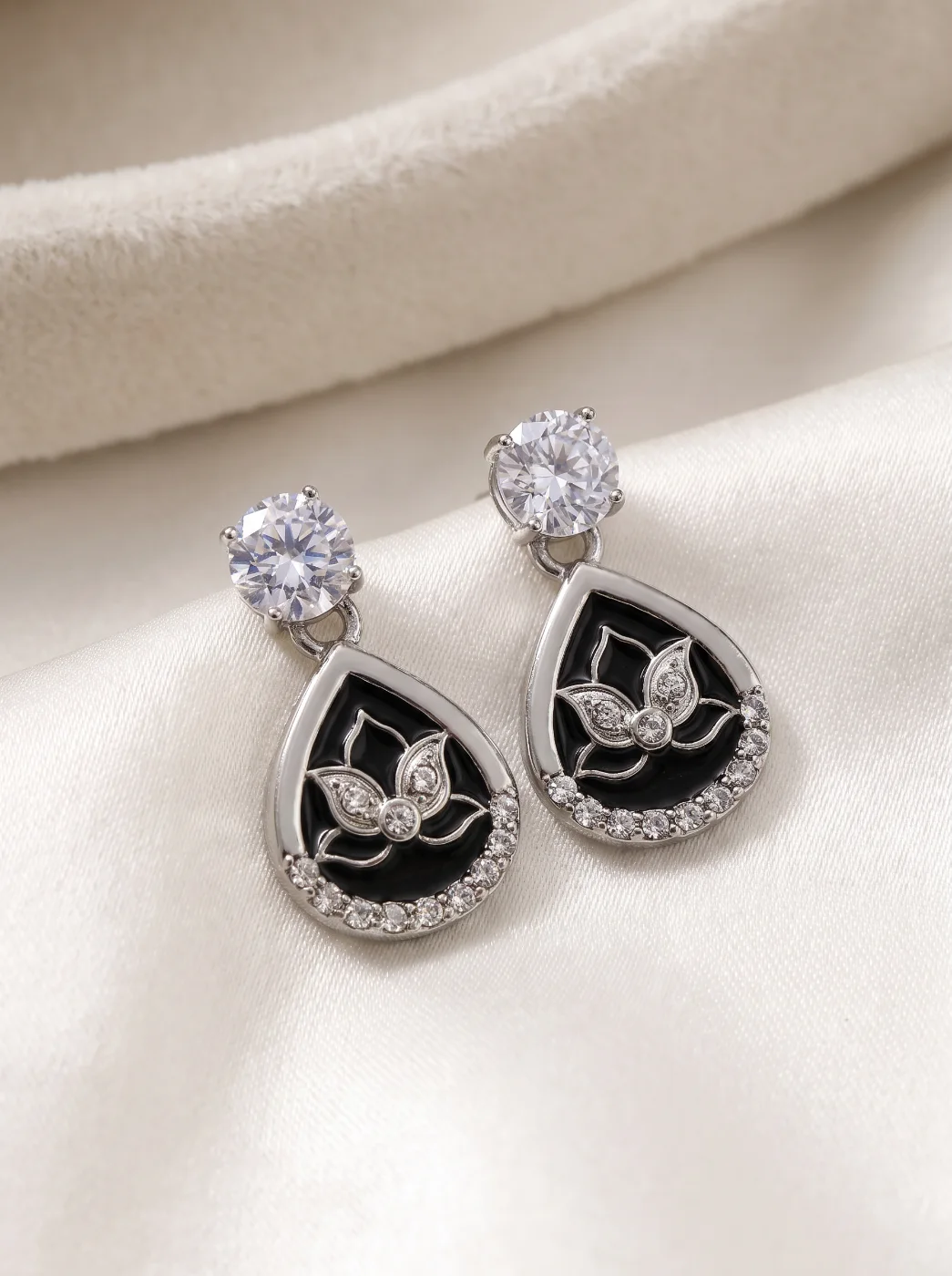 Silver Toned Black Enamel Lotus Drop Earrings with Zircon Stones