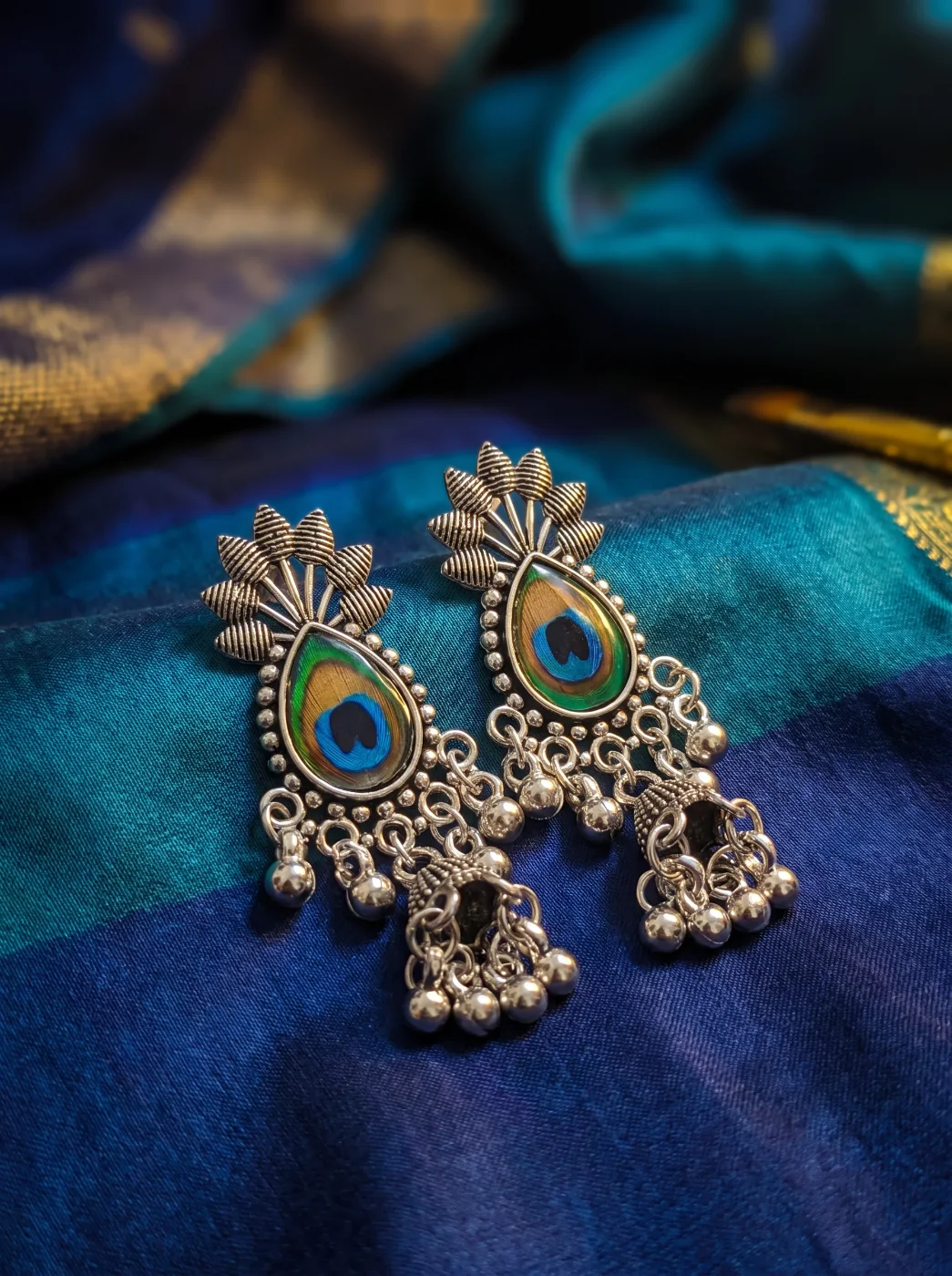 Oxidized Silver Peacock Feather Jhumka Earrings for Women