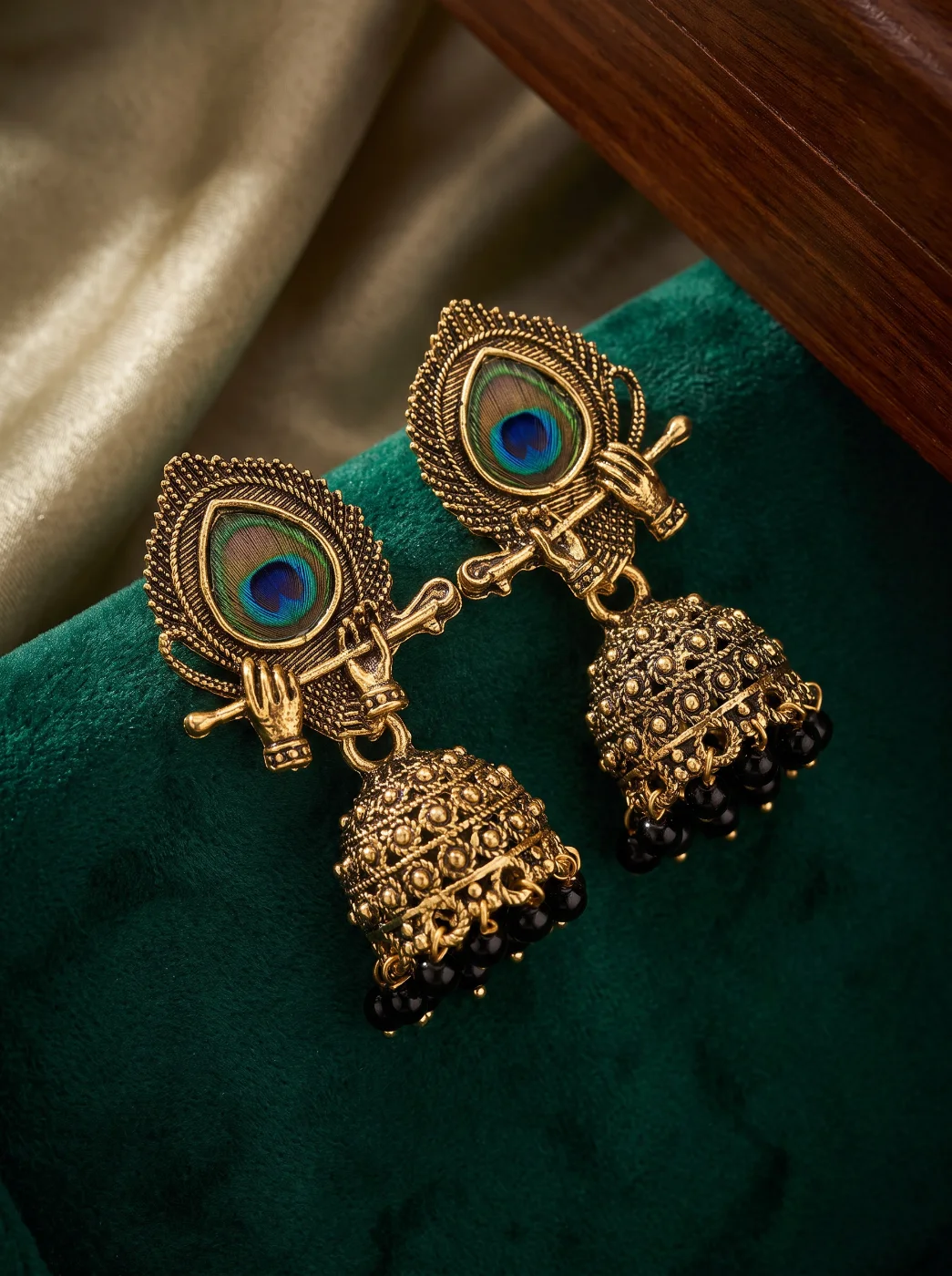 Antique Gold Plated Peacock Jhumka Earrings with Black Beads for Women