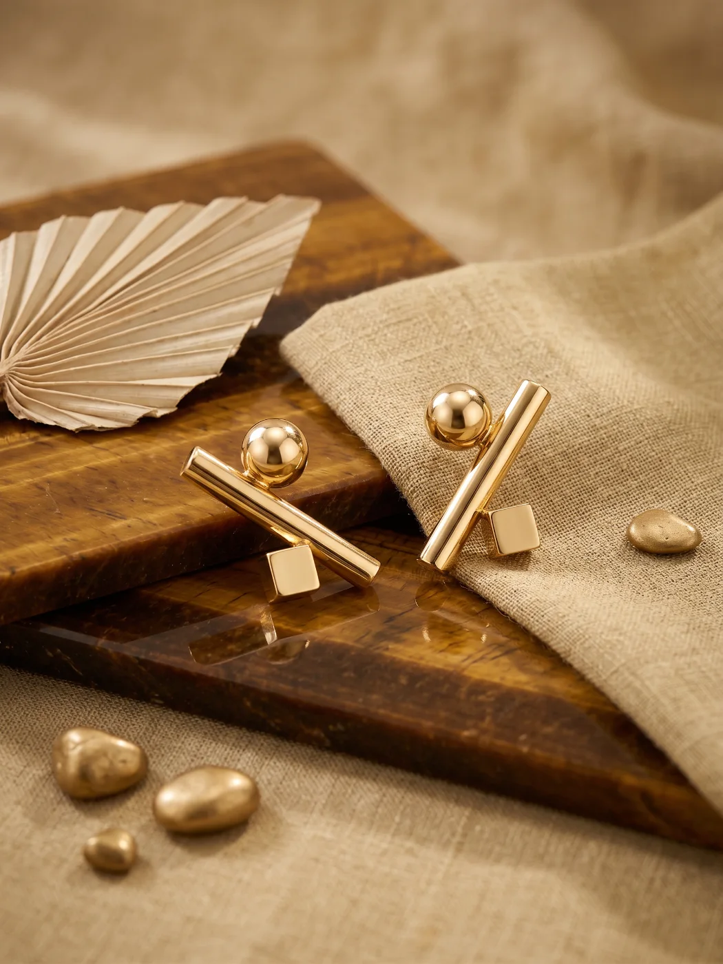 Modern Gold Plated Geometric Bar & Ball Drop Earrings for Women