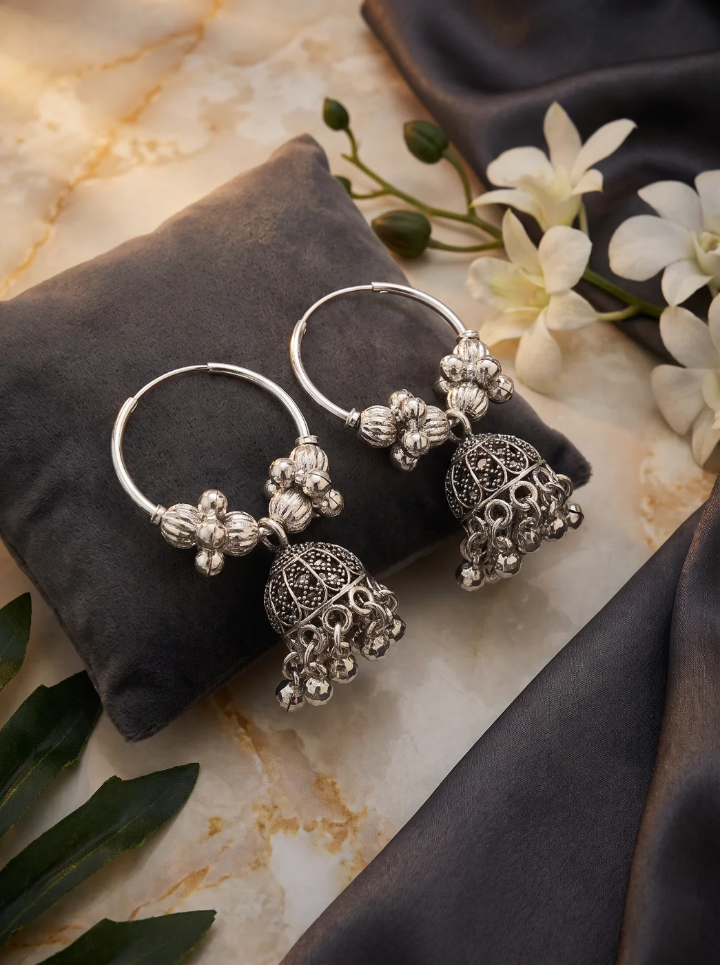 Oxidized Silver Toned Floral Hoop Jhumka Earrings for Women