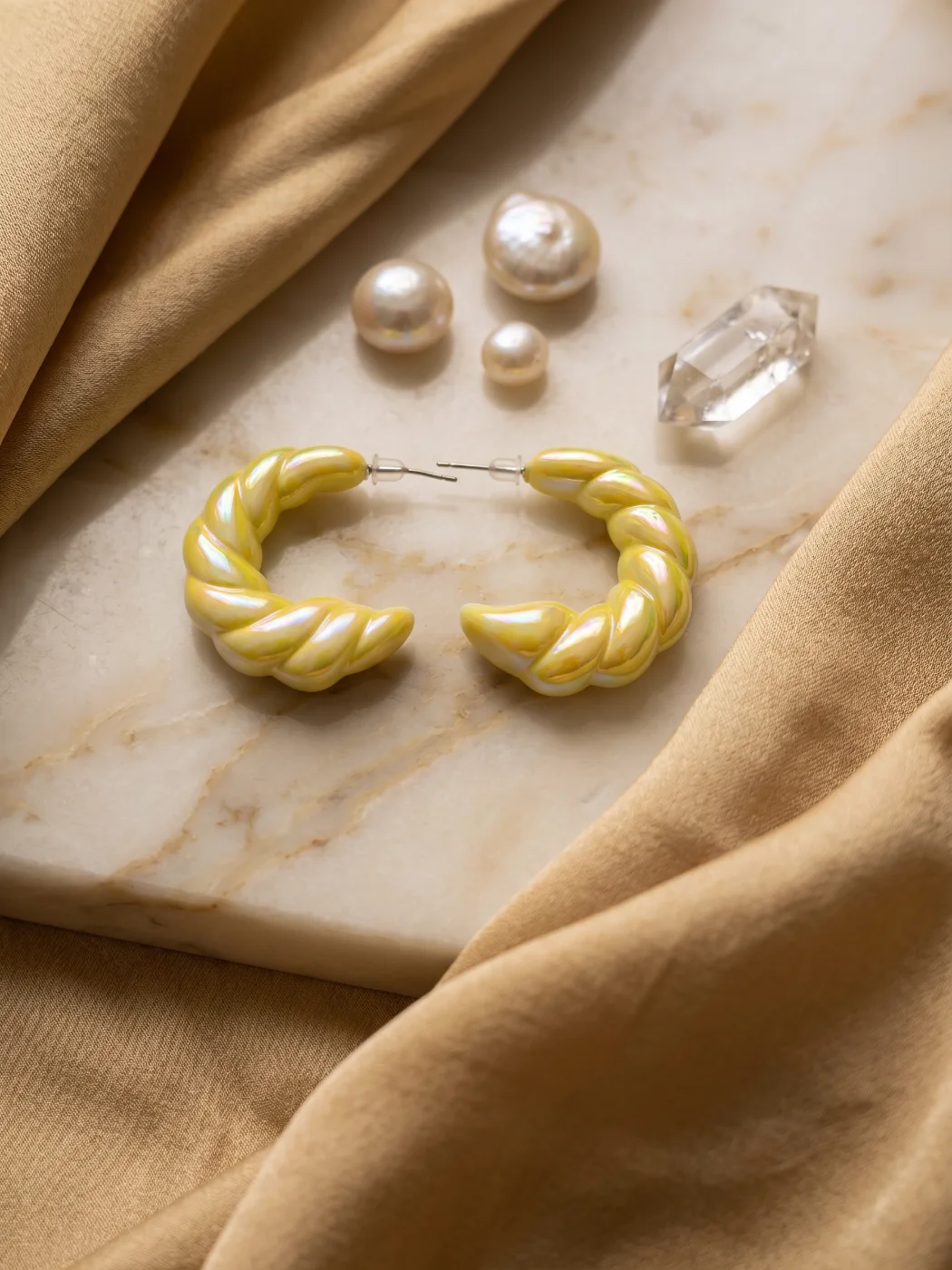 Iridescent Yellow Twisted Hoop Earrings for Women