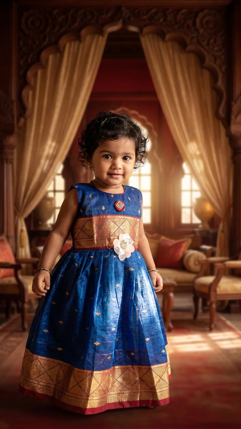 Baby Girl's Traditional Blue and Gold Ethnic Frock Dress