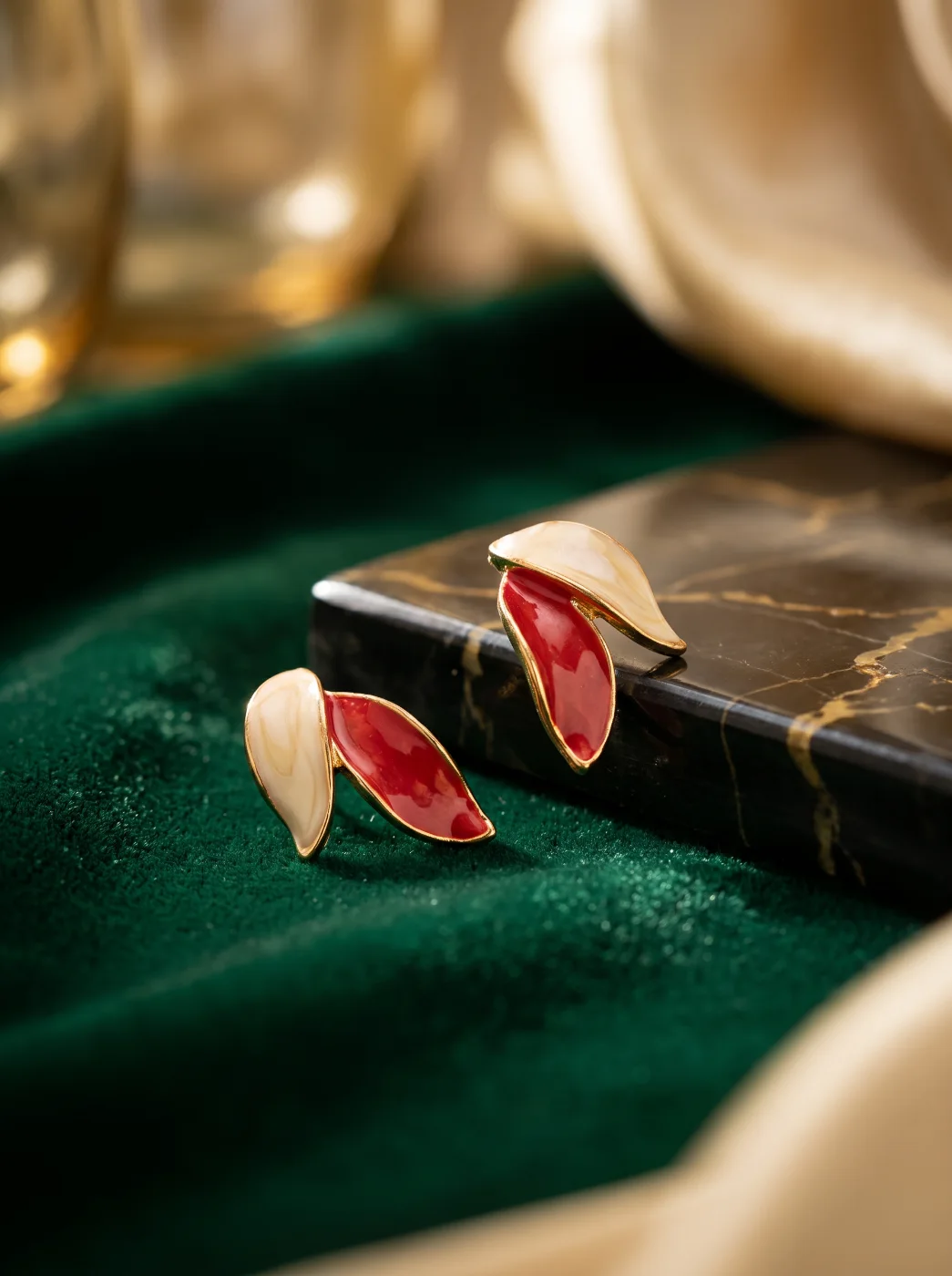 Elegant Red & Cream Enamel Leaf Drop Earrings for Women