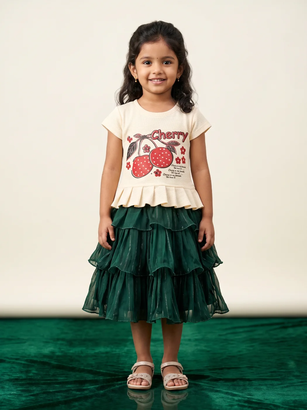 Girls Off-White Cherry Print Peplum Top with Dark Green Tiered Skirt Set