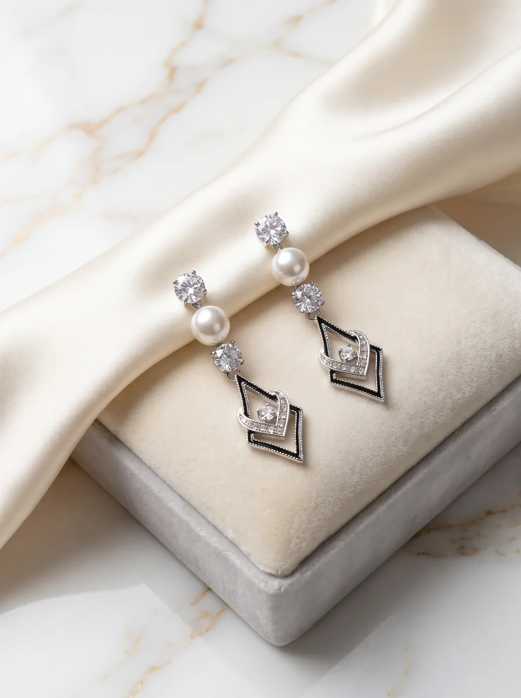 Elegant Pearl & Zircon Geometric Dangle Earrings for Women
