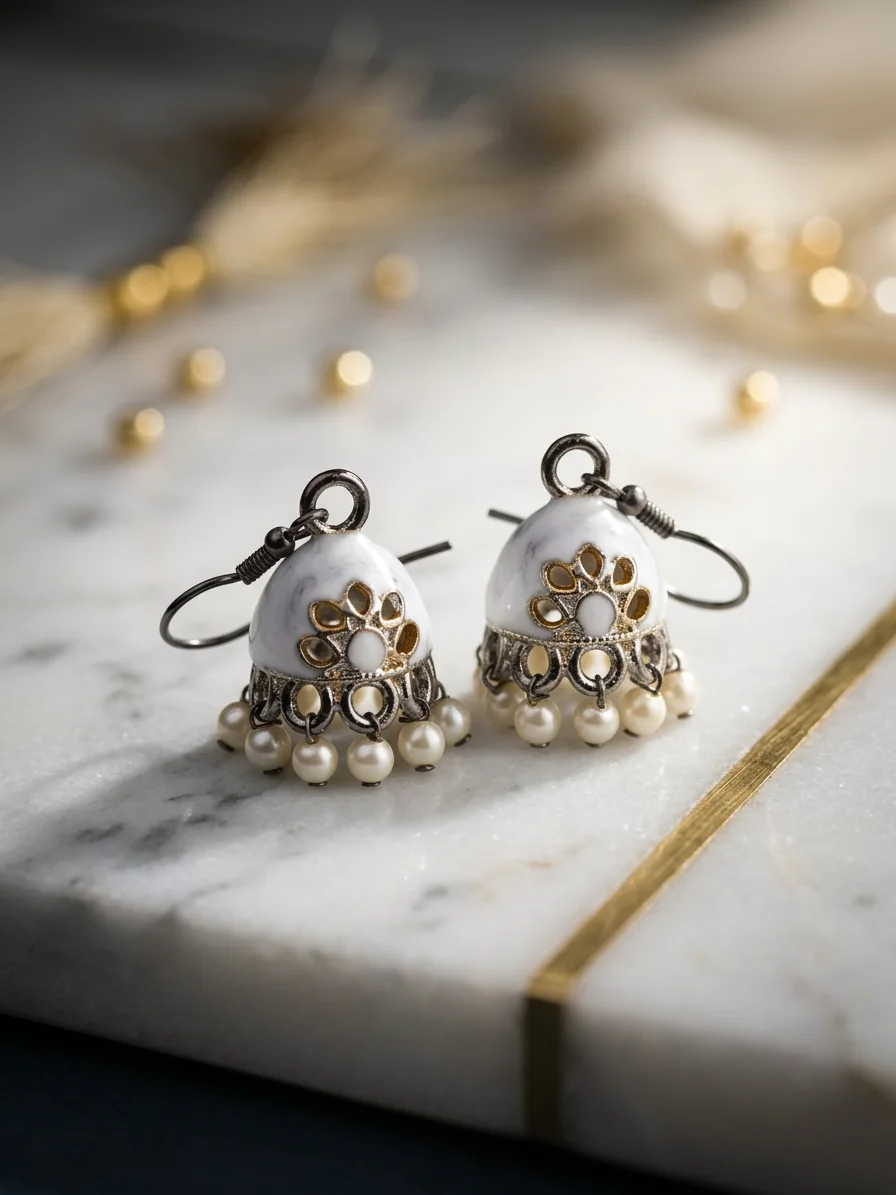 New Fashion White Enamel Jhumka Earrings with Pearl Drops for Women