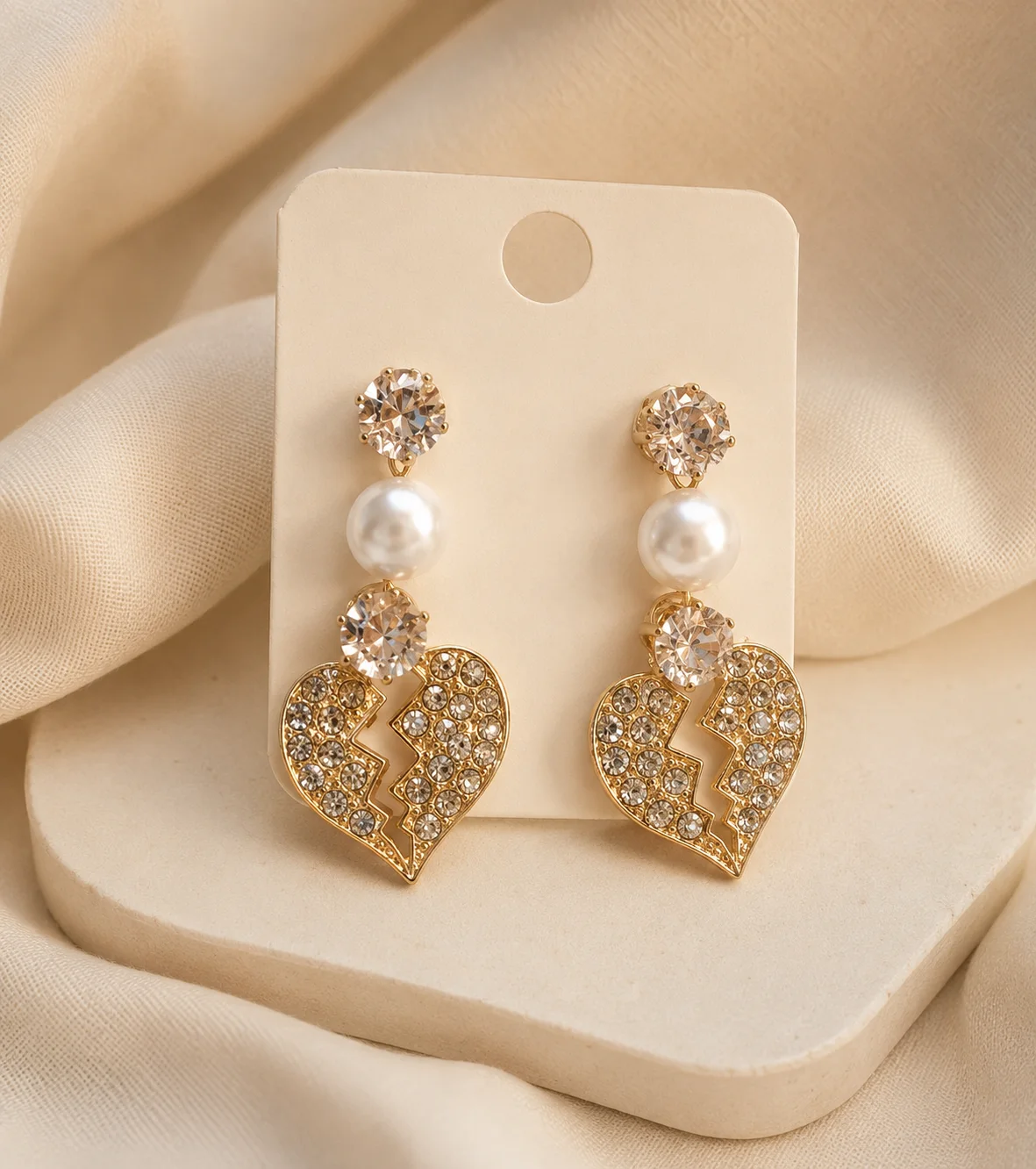 Gold-Toned Broken Heart Dangle Earrings with Crystals and Pearls