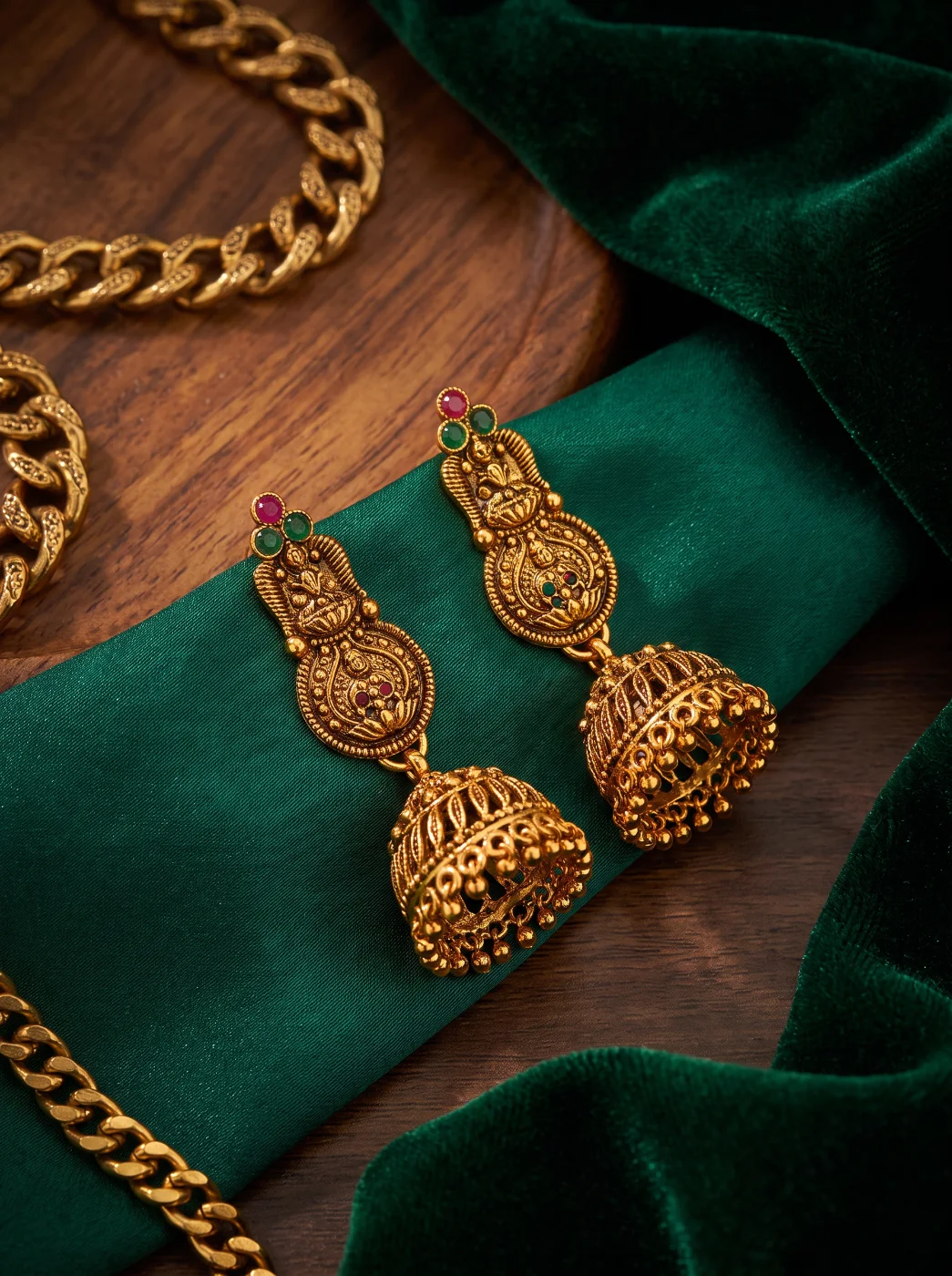 Antique Gold Plated Traditional Jhumka Earrings with Ruby Green Stones for Women
